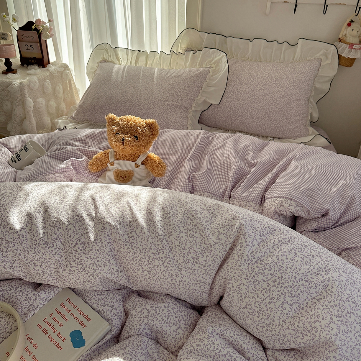 91家纺网 家纺一手货源 找家纺 沐芷 2026 【提供买家秀】法式风花边四件套A类仿棉 简约小清新床上用品被罩被套 花边恋曲-紫