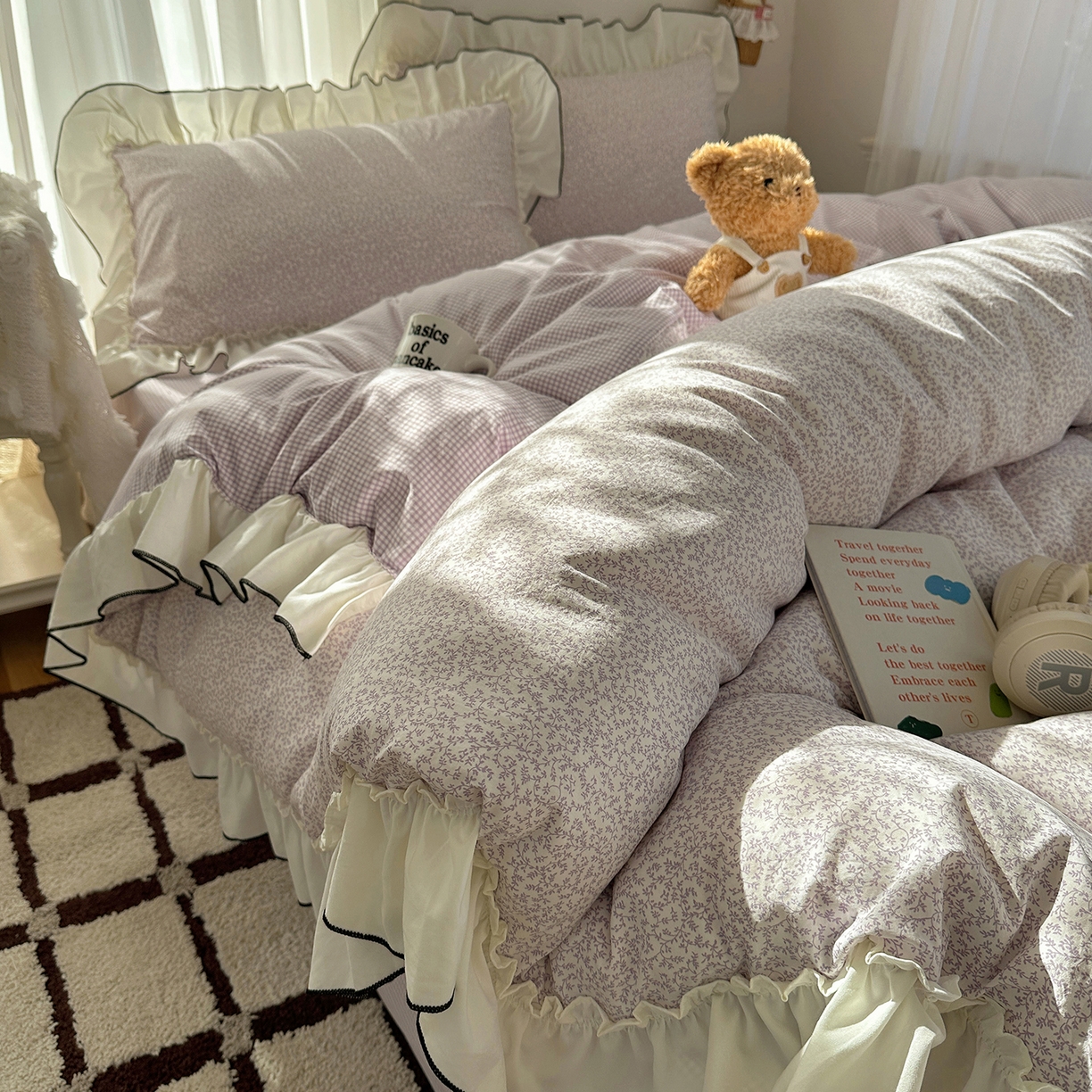 91家纺网 家纺一手货源 找家纺 沐芷 2026 【提供买家秀】法式风花边四件套A类仿棉 简约小清新床上用品被罩被套 花边恋曲-紫