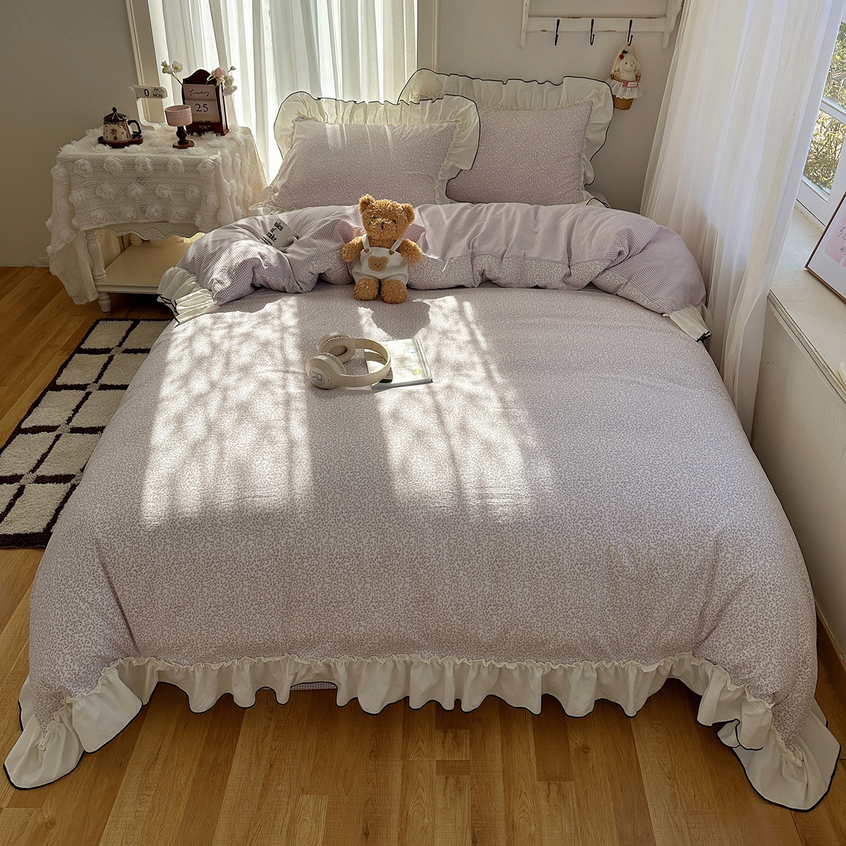 91家纺网 家纺一手货源 找家纺 沐芷 2026 【提供买家秀】法式风花边四件套A类仿棉 简约小清新床上用品被罩被套 花边恋曲-紫