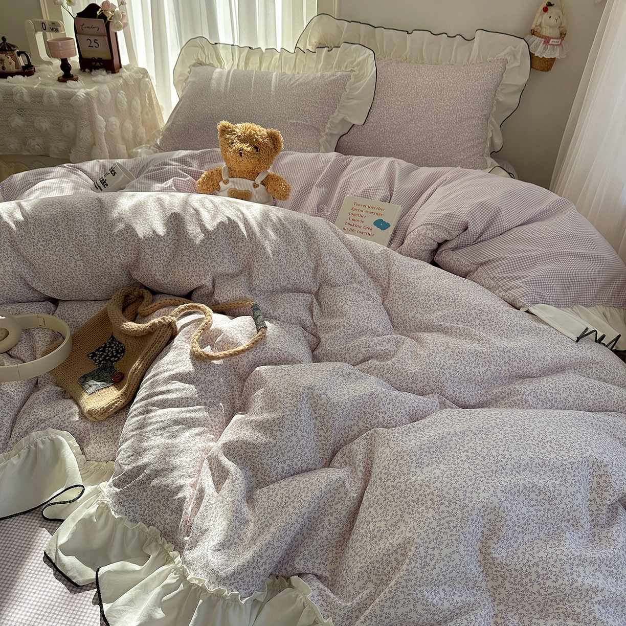 91家纺网 家纺一手货源 找家纺 沐芷 2026 【提供买家秀】法式风花边四件套A类仿棉 简约小清新床上用品被罩被套 花边恋曲-紫