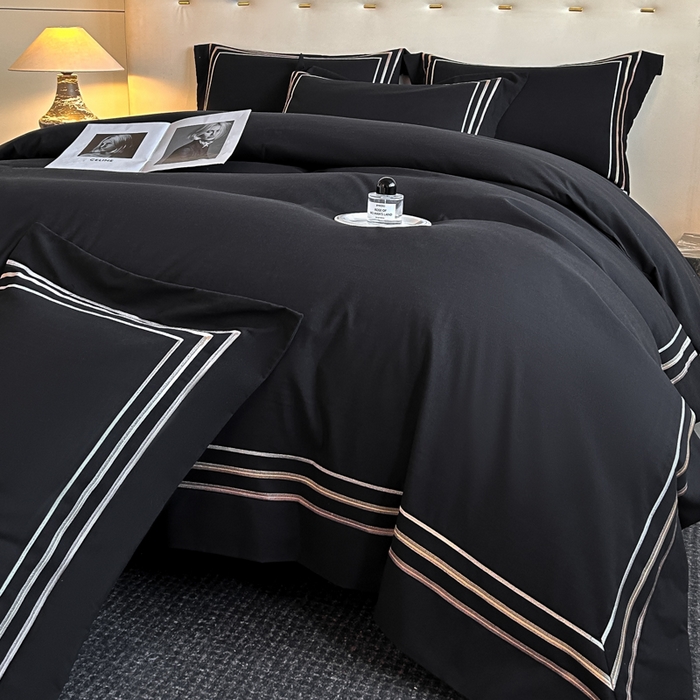 苏源家居 2026新款酒店风磨毛大拼角绣花轻奢四件套-玄律 玄律-黑色