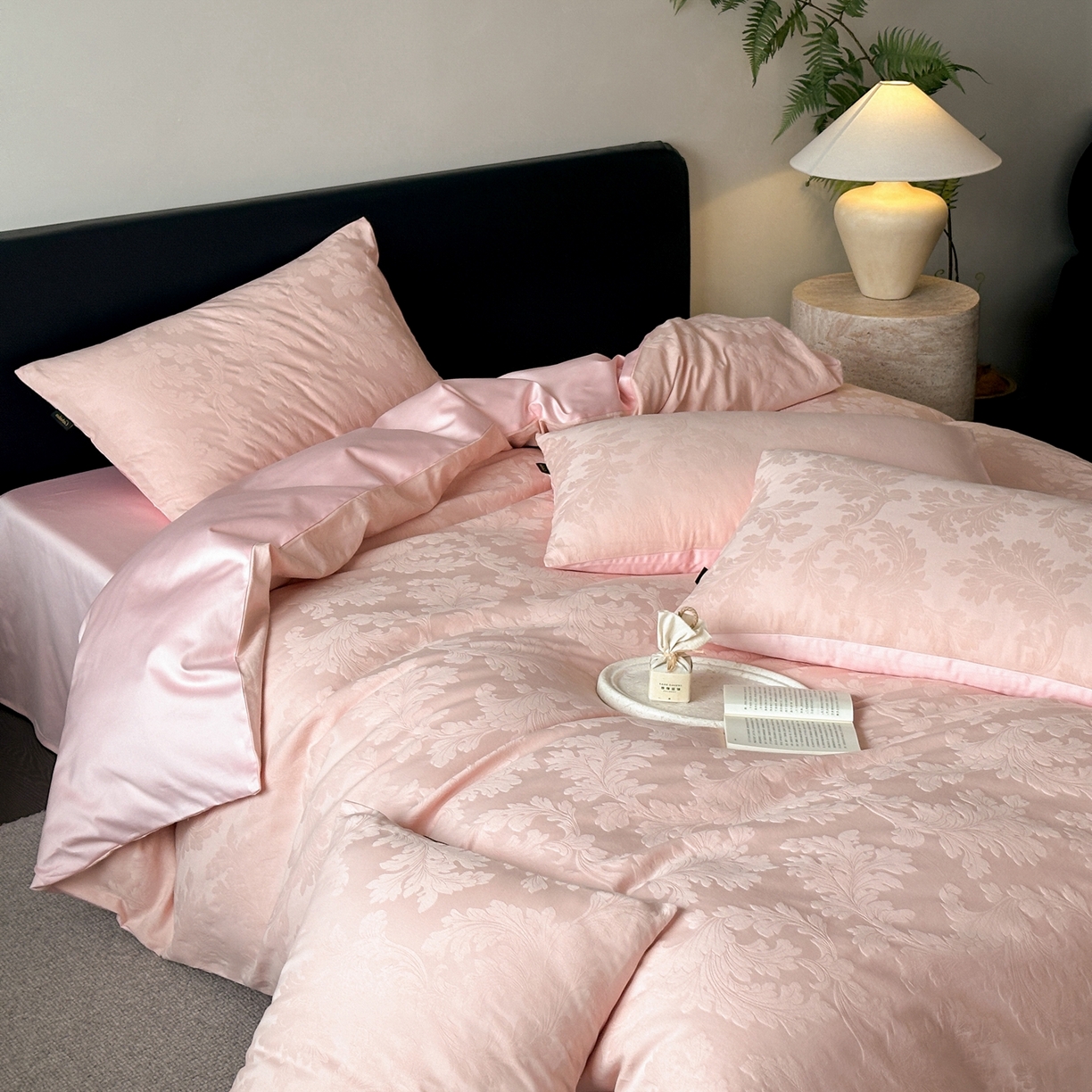 卡巴伦家纺 2026新款全棉纯棉厚织提花四件套 卷叶花-粉