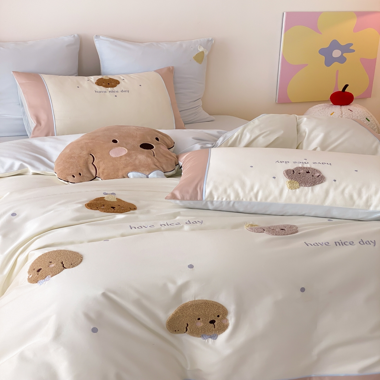 91家纺网 家纺一手货源 找家纺 馨蕊家居 2026新款新品超细旦磨毛高奢系列四件套 磨毛卡通-奶糖