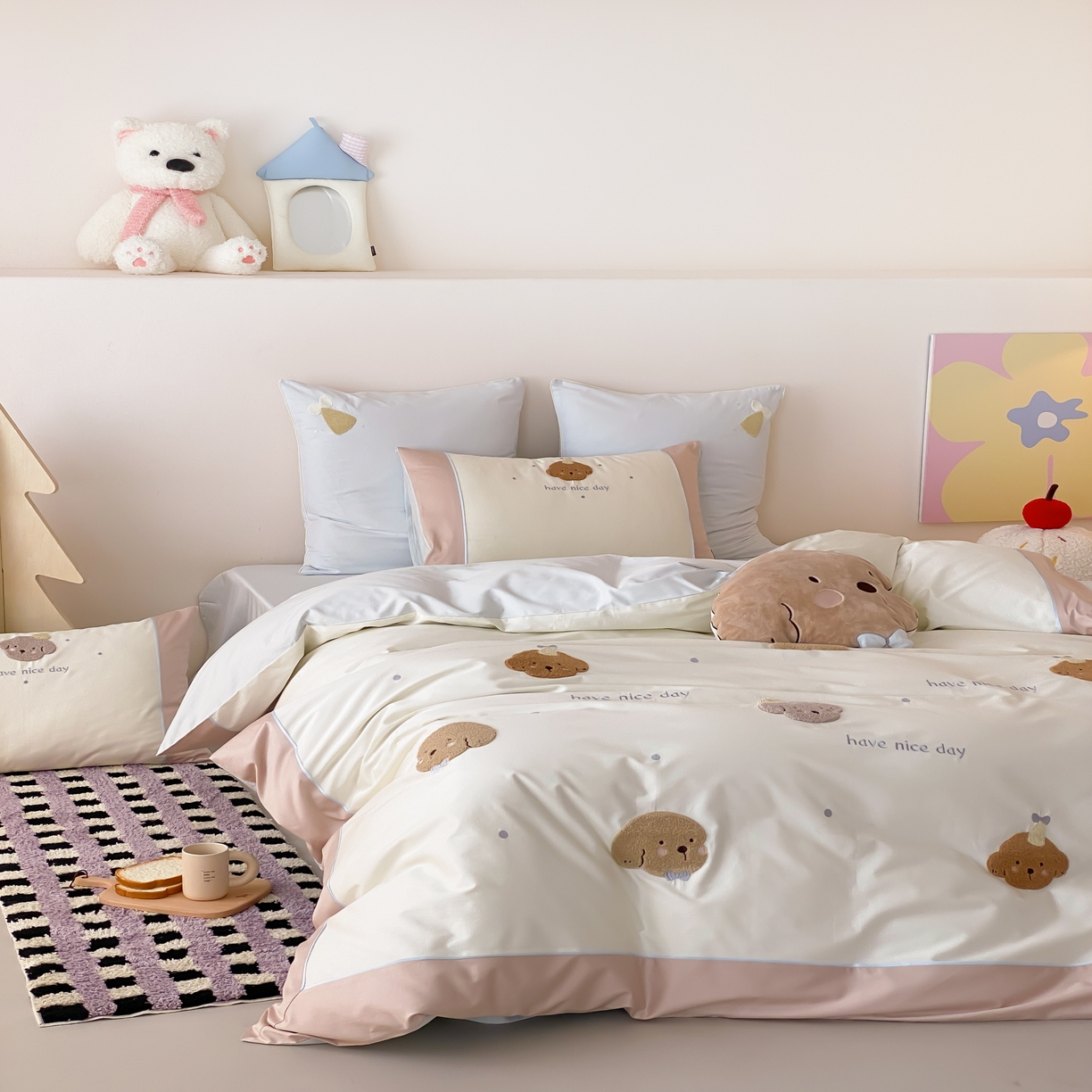 91家纺网 家纺一手货源 找家纺 馨蕊家居 2026新款新品超细旦磨毛高奢系列四件套 磨毛卡通-奶糖