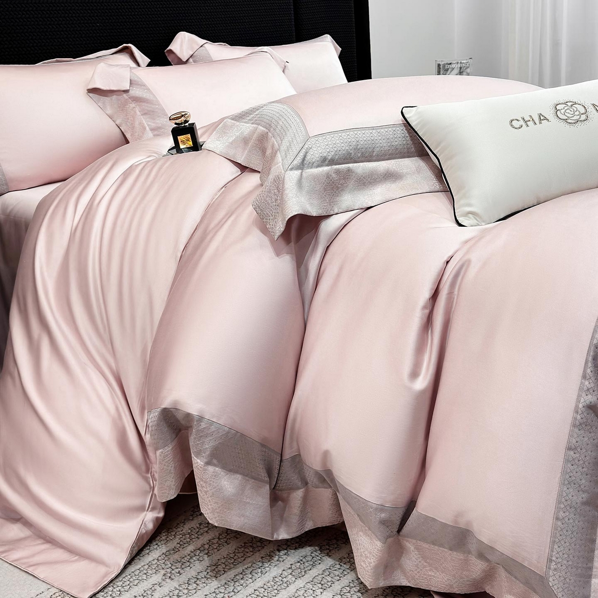  2026新品高端轻奢风A类贡缎长绒棉四件套纯棉重工刺绣被套床单高级感床笠床上用品-格拉芙 格拉芙-芸粉