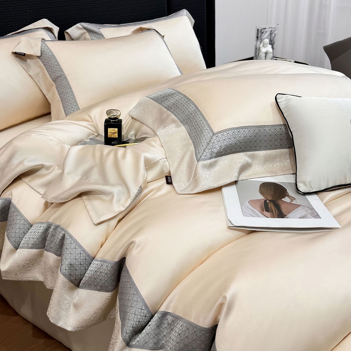 91家纺网 家纺一手货源 找家纺  2026新品高端轻奢风A类贡缎长绒棉四件套纯棉重工刺绣被套床单高级感床笠床上用品-格拉芙 格拉芙-柔杏