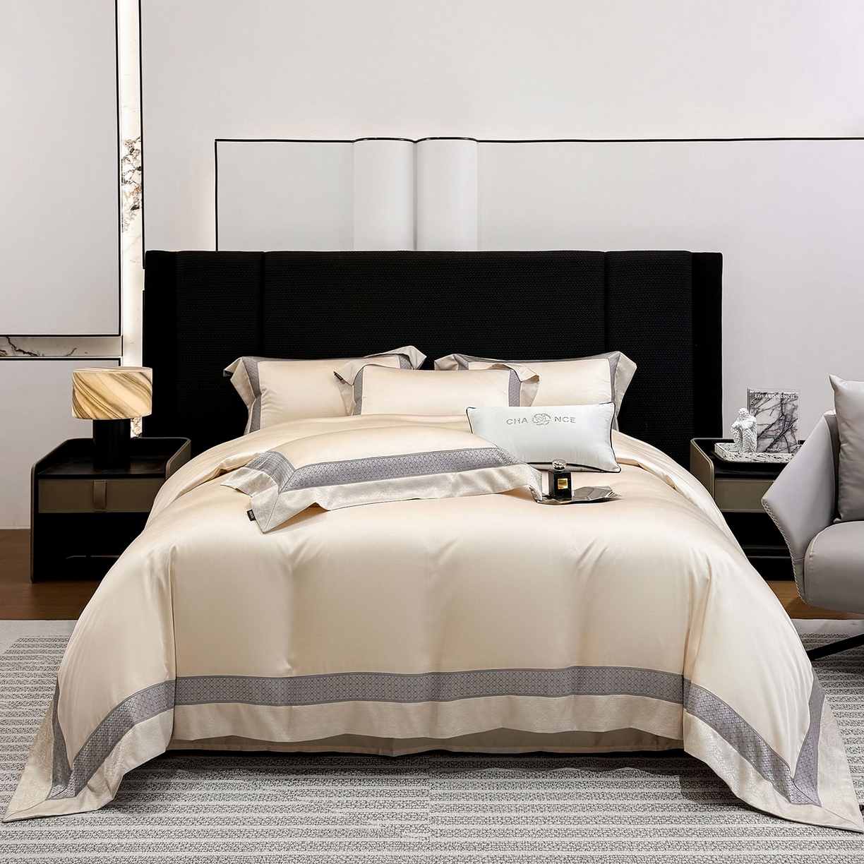 91家纺网 家纺一手货源 找家纺  2026新品高端轻奢风A类贡缎长绒棉四件套纯棉重工刺绣被套床单高级感床笠床上用品-格拉芙 格拉芙-柔杏