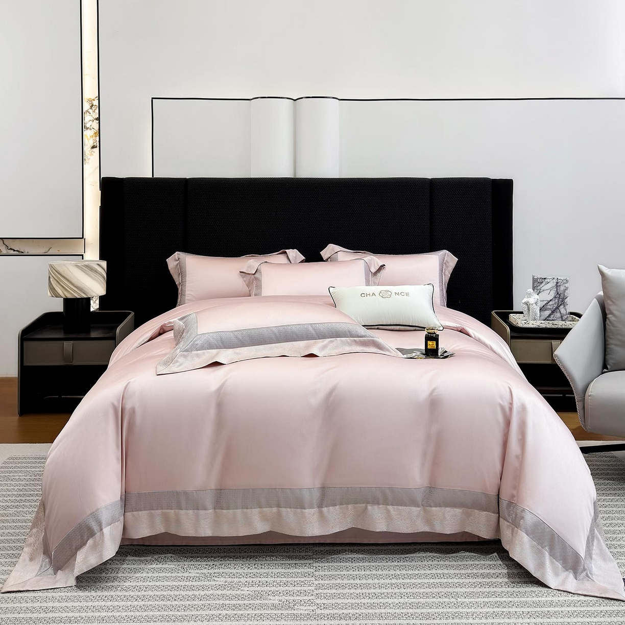 91家纺网 家纺一手货源 找家纺  2026新款高端轻奢风A类贡缎长绒棉四件套纯棉重工刺绣被套床单高级感床笠床上用品 格拉芙-芸粉