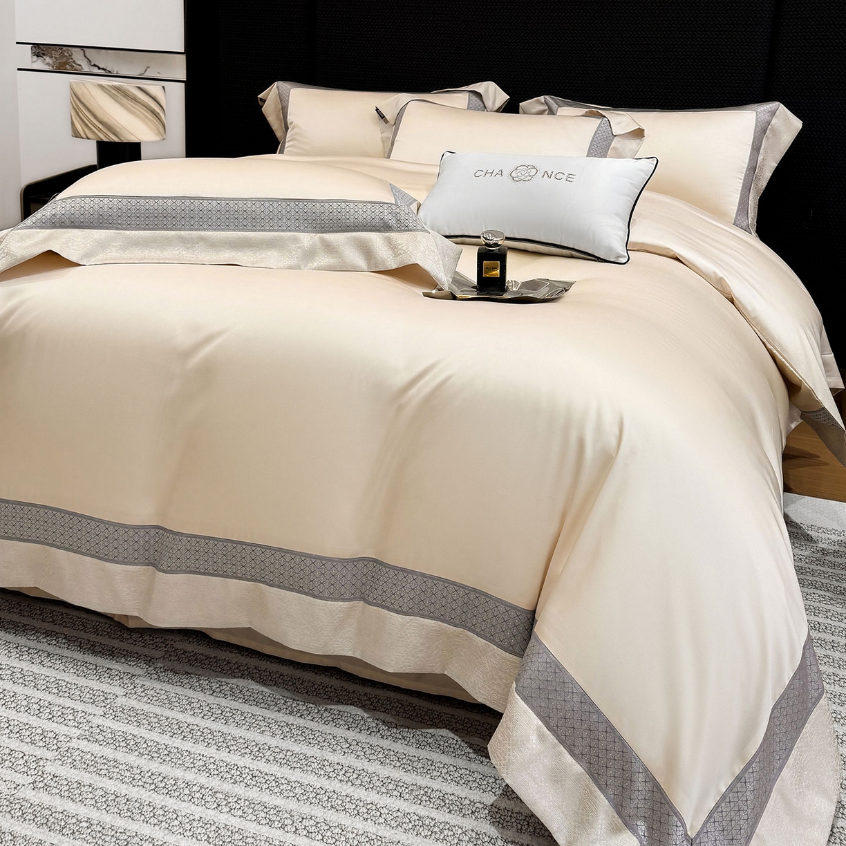 91家纺网 家纺一手货源 找家纺  2026新款高端轻奢风A类贡缎长绒棉四件套纯棉重工刺绣被套床单高级感床笠床上用品 格拉芙-柔杏