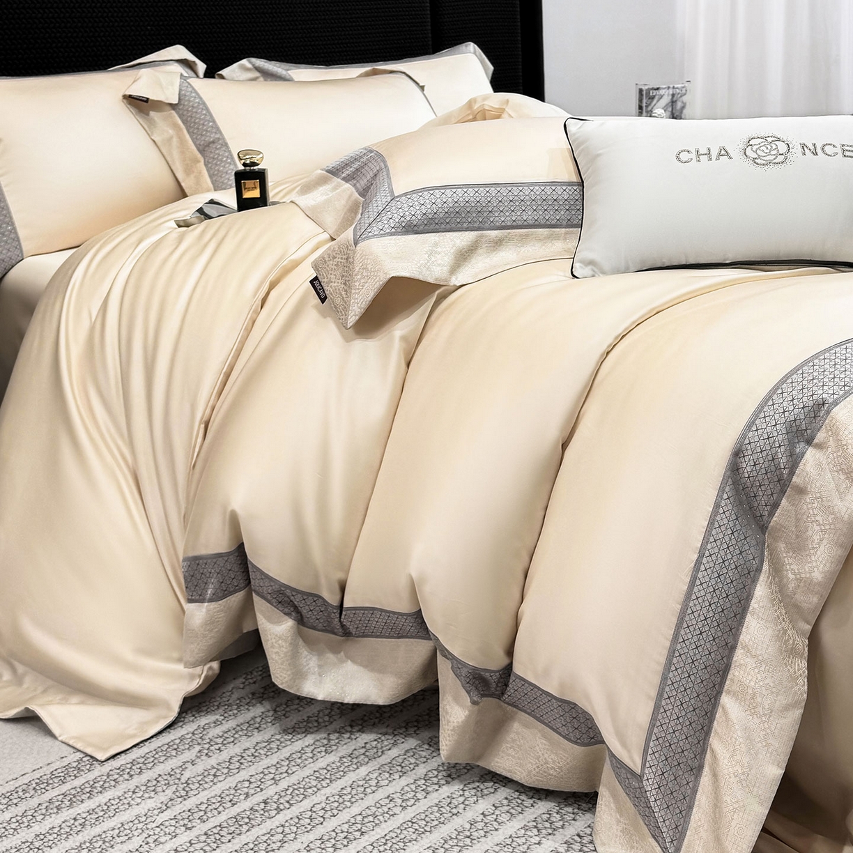 91家纺网 家纺一手货源 找家纺  2026新款高端轻奢风A类贡缎长绒棉四件套纯棉重工刺绣被套床单高级感床笠床上用品 格拉芙-柔杏