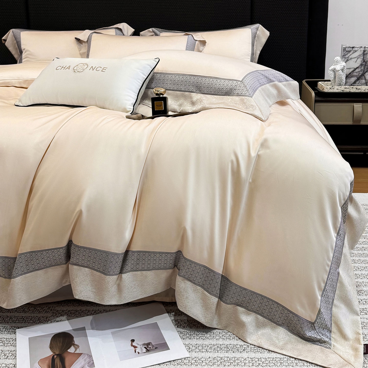 91家纺网 家纺一手货源 找家纺  2026新款高端轻奢风A类贡缎长绒棉四件套纯棉重工刺绣被套床单高级感床笠床上用品 格拉芙-柔杏