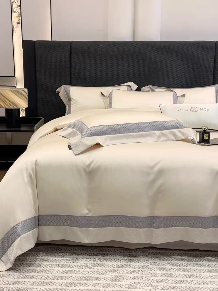 91家纺网 家纺一手货源 找家纺  2026新款高端轻奢风A类贡缎长绒棉四件套纯棉重工刺绣被套床单高级感床笠床上用品 格拉芙-柔杏