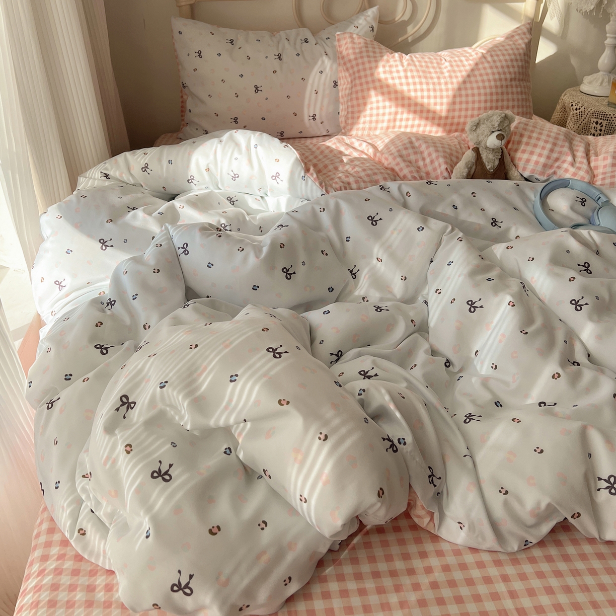 91家纺网 家纺一手货源 找家纺 繁花家居 2026简单款水洗棉四件套学生床三件套 粉格小豹纹