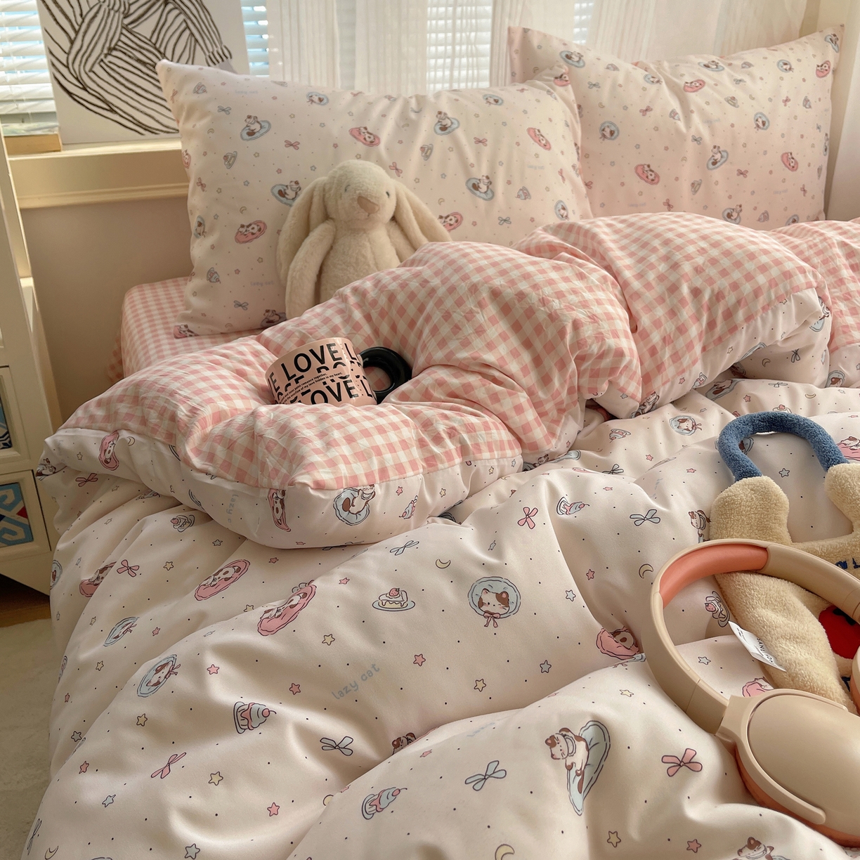 91家纺网 家纺一手货源 找家纺 繁花家居 2026简单款水洗棉四件套学生床三件套 小软猫