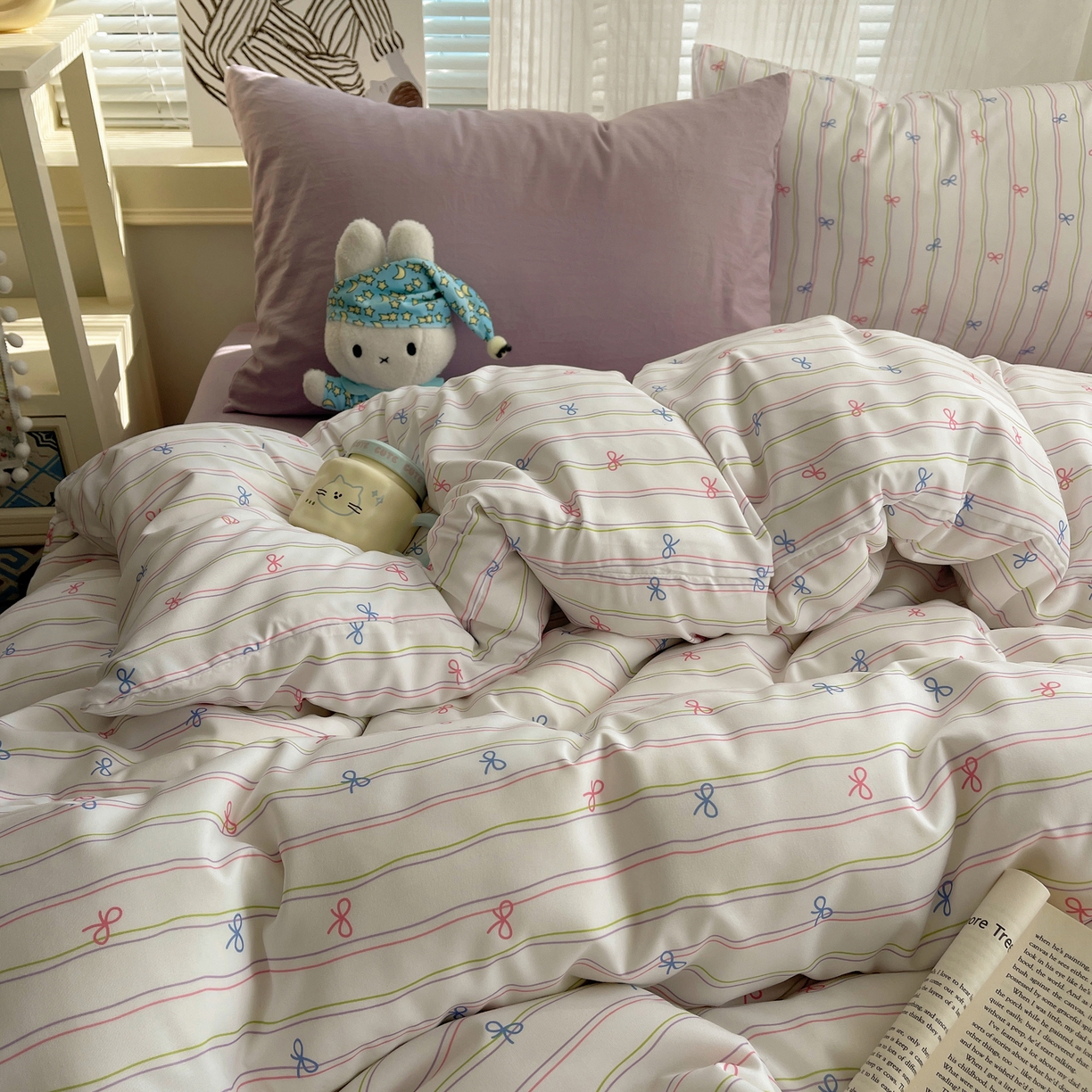 91家纺网 家纺一手货源 找家纺 繁花家居 2026简单款水洗棉四件套学生床三件套 曲线蝴蝶结