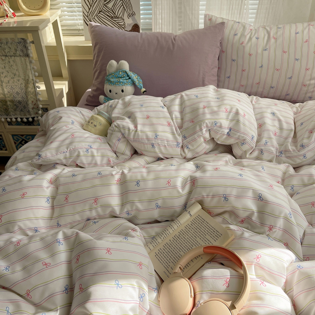 91家纺网 家纺一手货源 找家纺 繁花家居 2026简单款水洗棉四件套学生床三件套 曲线蝴蝶结