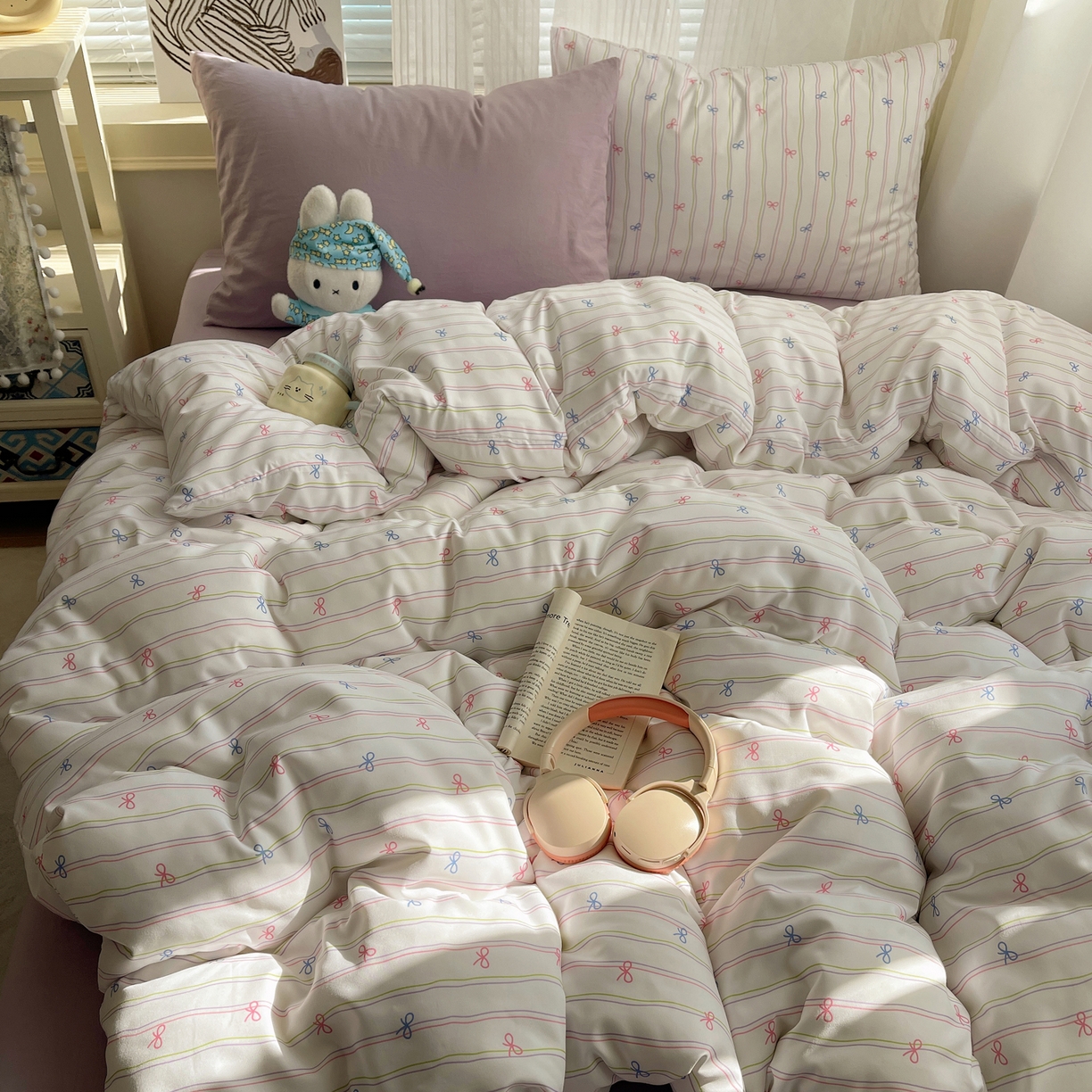 91家纺网 家纺一手货源 找家纺 繁花家居 2026简单款水洗棉四件套学生床三件套 曲线蝴蝶结