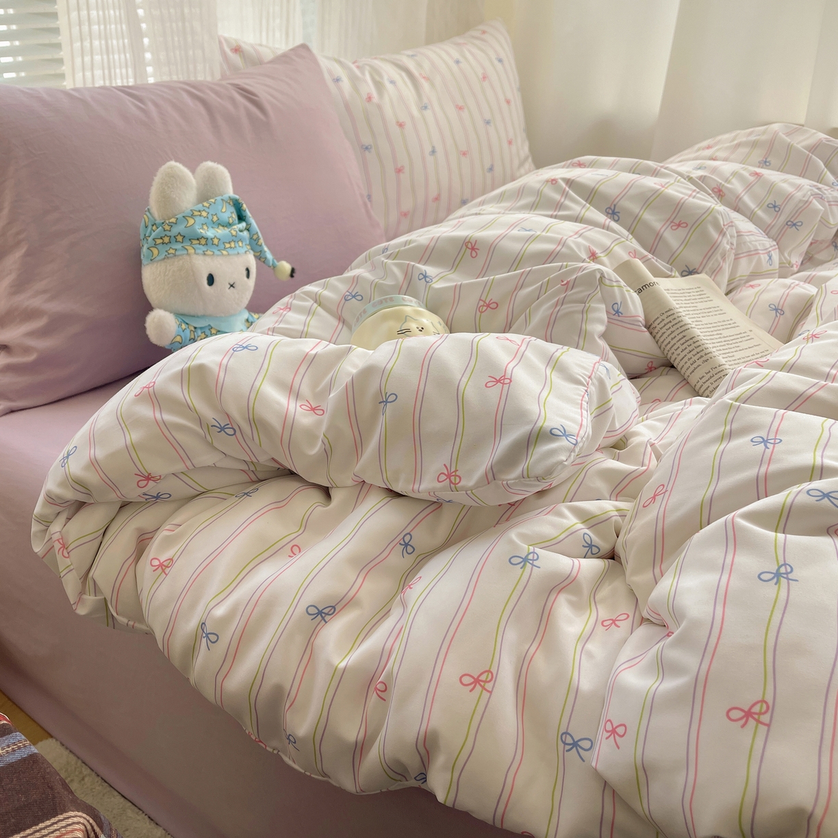 91家纺网 家纺一手货源 找家纺 繁花家居 2026简单款水洗棉四件套学生床三件套 曲线蝴蝶结