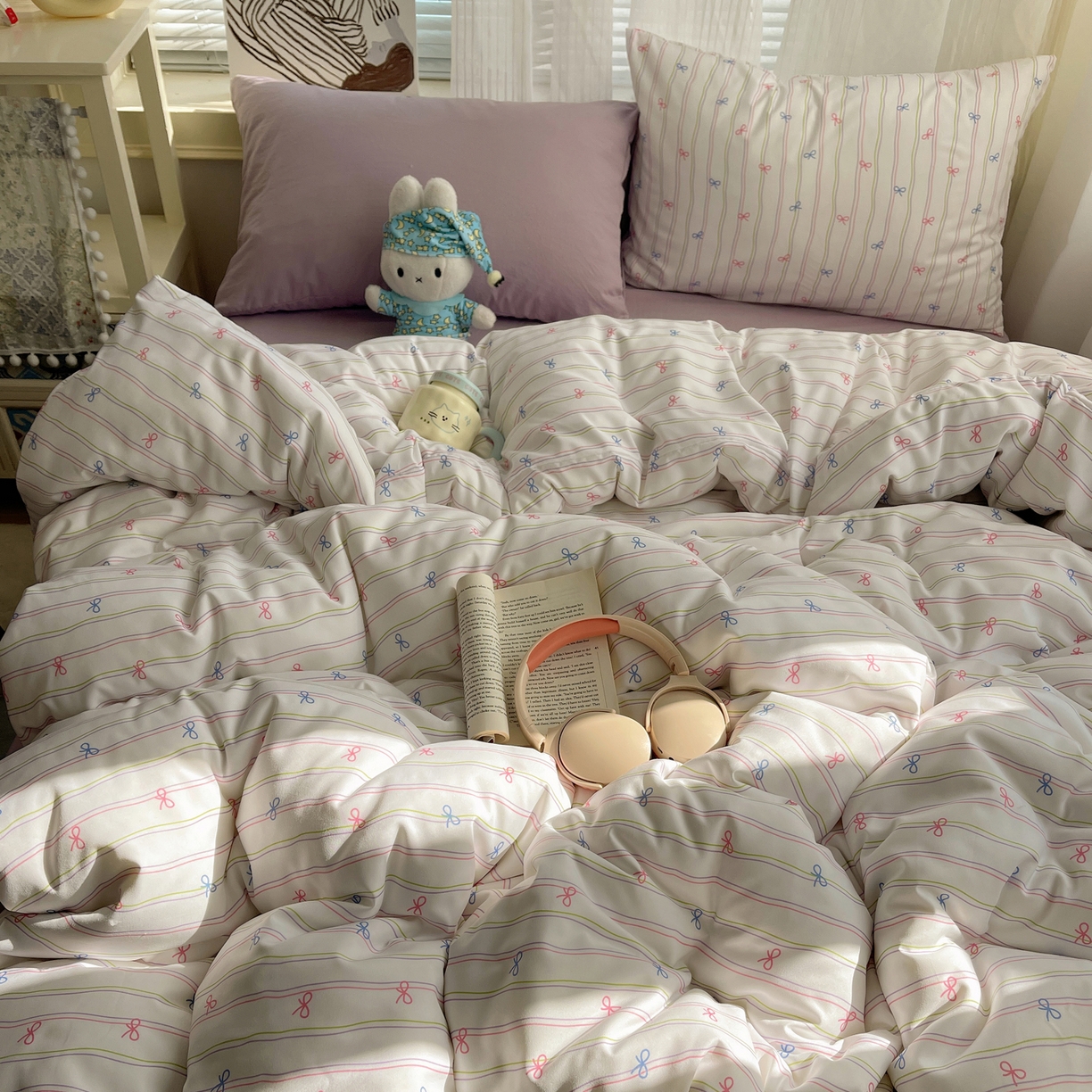 91家纺网 家纺一手货源 找家纺 繁花家居 2026简单款水洗棉四件套学生床三件套 曲线蝴蝶结