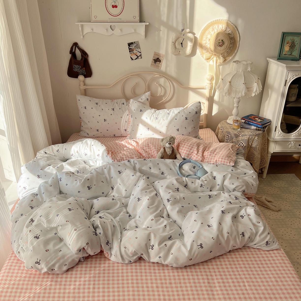 91家纺网 家纺一手货源 找家纺 繁花家居 2026简单款水洗棉四件套学生床三件套 粉格小豹纹