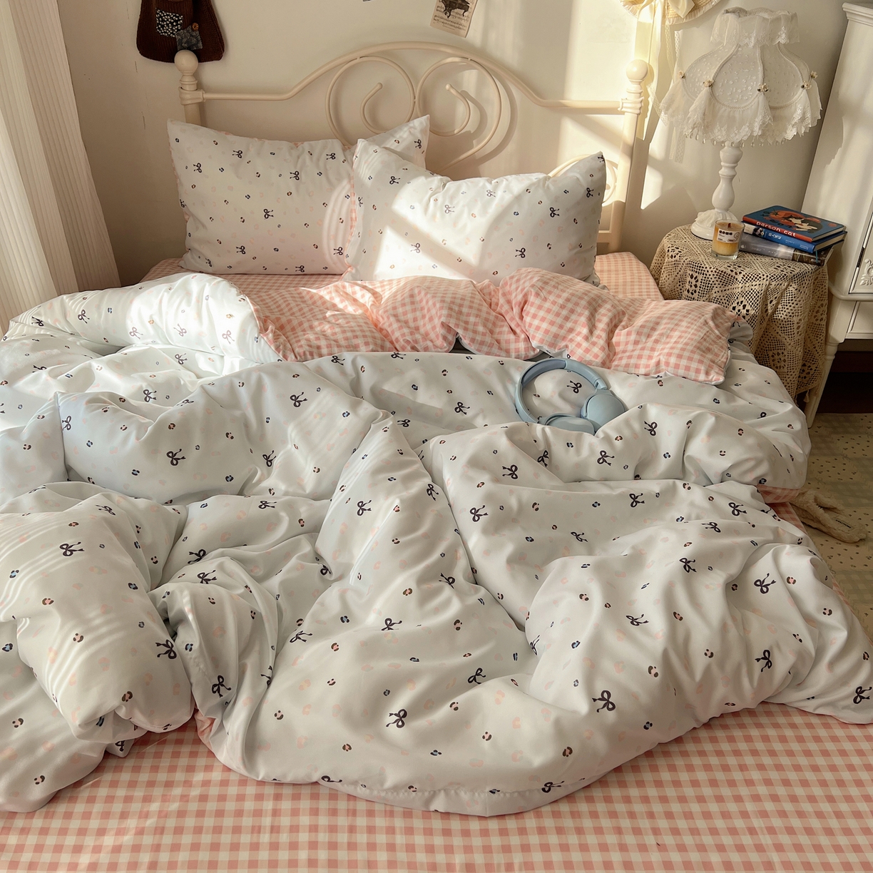 91家纺网 家纺一手货源 找家纺 繁花家居 2026简单款水洗棉四件套学生床三件套 粉格小豹纹