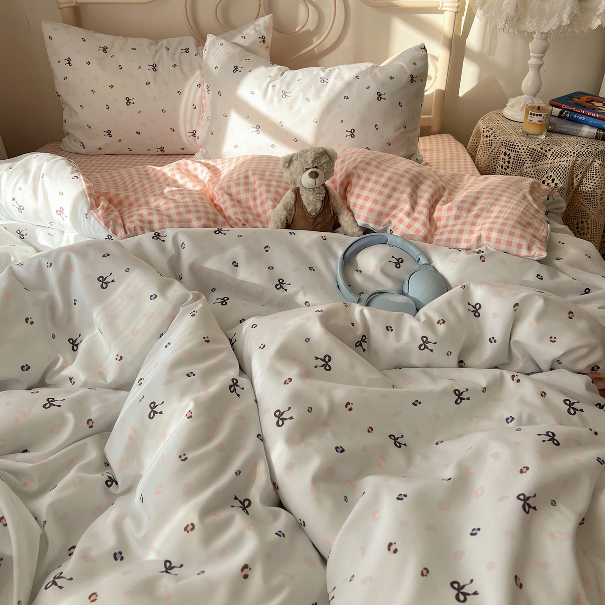 91家纺网 家纺一手货源 找家纺 繁花家居 2026简单款水洗棉四件套学生床三件套 粉格小豹纹