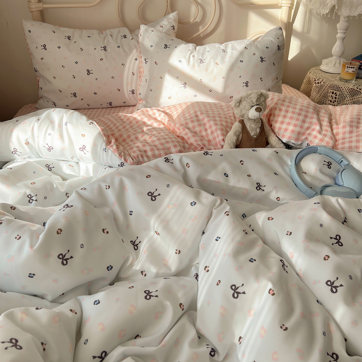 91家纺网 家纺一手货源 找家纺 繁花家居 2026简单款水洗棉四件套学生床三件套 粉格小豹纹