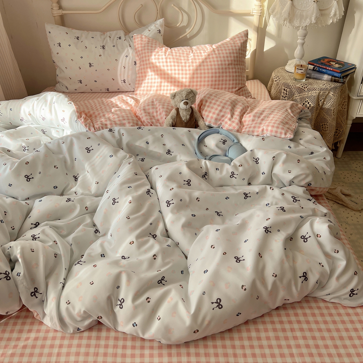 91家纺网 家纺一手货源 找家纺 繁花家居 2026简单款水洗棉四件套学生床三件套 粉格小豹纹