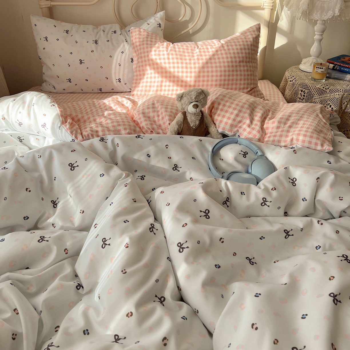 91家纺网 家纺一手货源 找家纺 繁花家居 2026简单款水洗棉四件套学生床三件套 粉格小豹纹