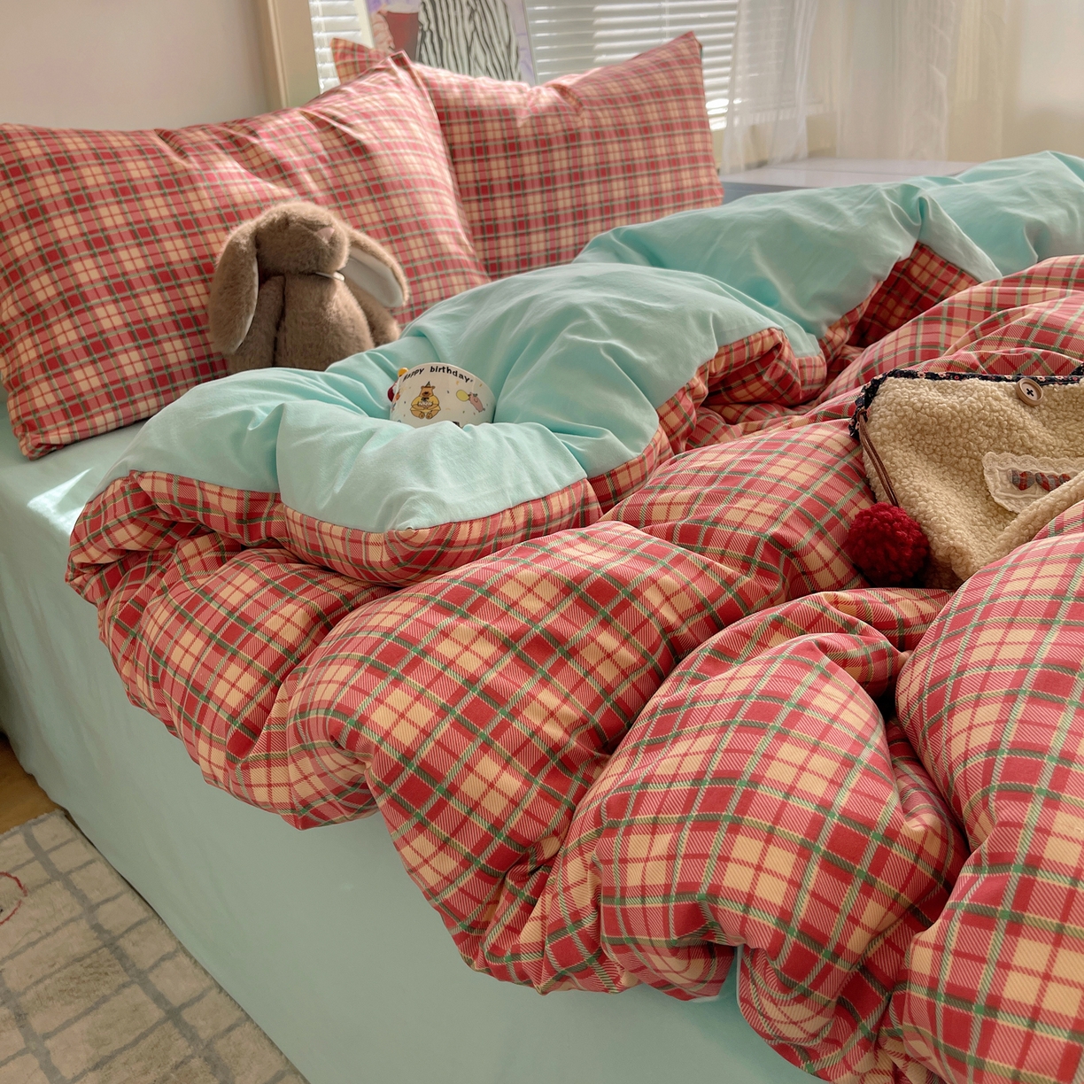 繁花家居 2026简单款水洗棉四件套学生床三件套 红格撞青