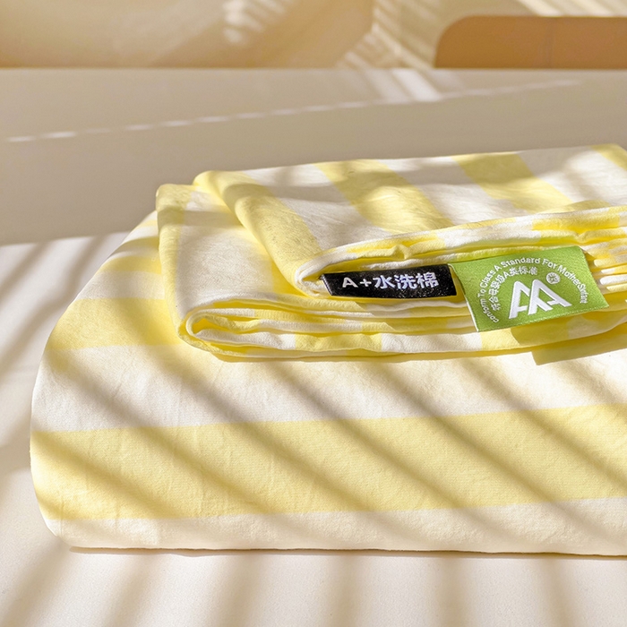 爱彼家纺 2026春夏新款中条床单水洗棉亲肤柔软床单三件套-条纹系列一 鹅黄中条