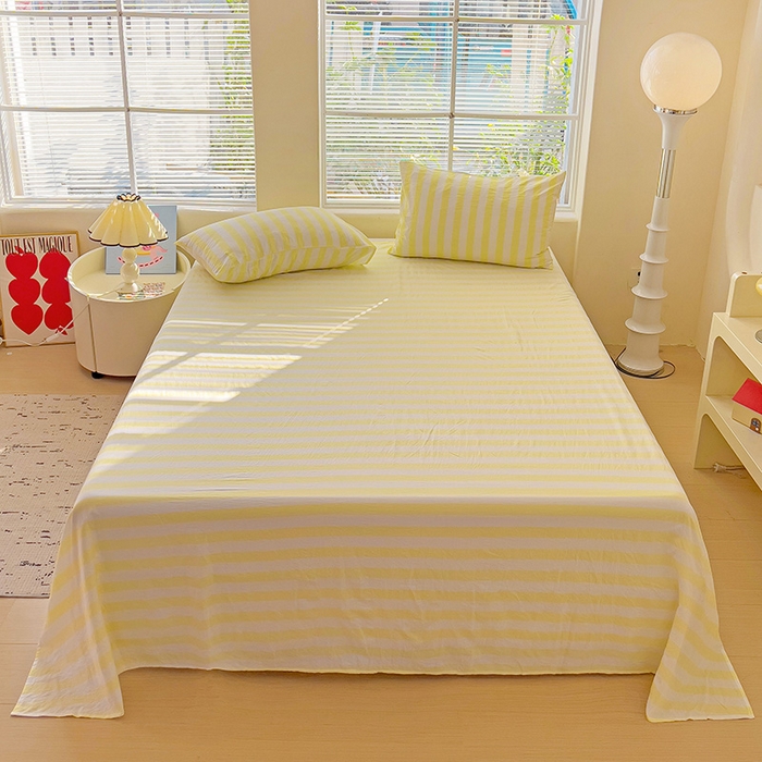 91家纺网 家纺一手货源 找家纺 爱彼家纺 2026春夏新款中条床单水洗棉亲肤柔软床单三件套-条纹系列一 鹅黄中条