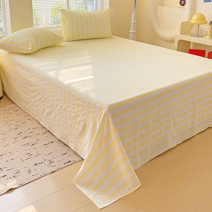 91家纺网 家纺一手货源 找家纺 爱彼家纺 2026春夏新款中条床单水洗棉亲肤柔软床单三件套-条纹系列一 鹅黄中条