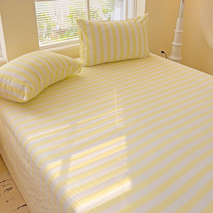 91家纺网 家纺一手货源 找家纺 爱彼家纺 2026春夏新款中条床单水洗棉亲肤柔软床单三件套-条纹系列一 鹅黄中条