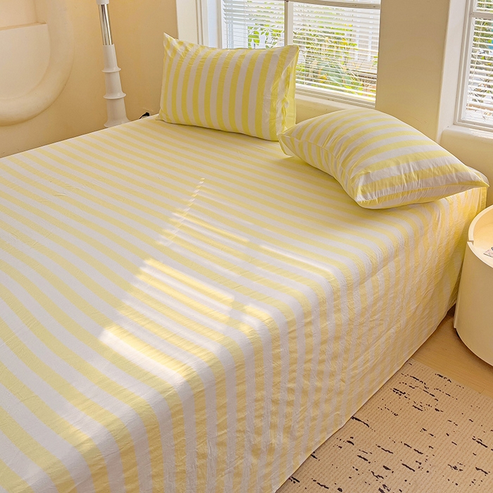 91家纺网 家纺一手货源 找家纺 爱彼家纺 2026春夏新款中条床单水洗棉亲肤柔软床单三件套-条纹系列一 鹅黄中条