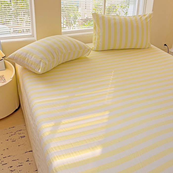 91家纺网 家纺一手货源 找家纺 爱彼家纺 2026春夏新款中条床单水洗棉亲肤柔软床单三件套-条纹系列一 鹅黄中条
