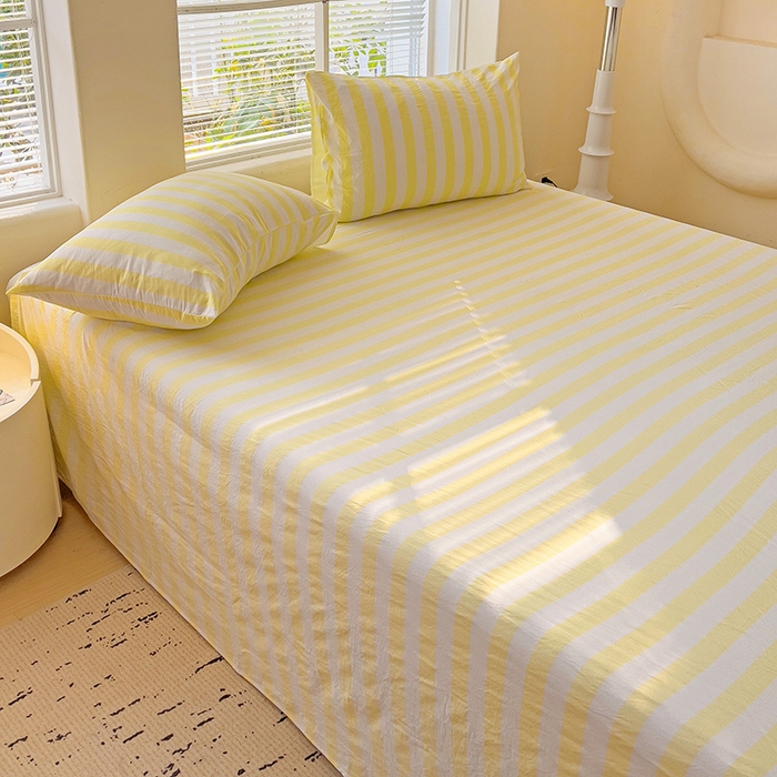 91家纺网 家纺一手货源 找家纺 爱彼家纺 2026春夏新款中条床单水洗棉亲肤柔软床单三件套-条纹系列一 鹅黄中条