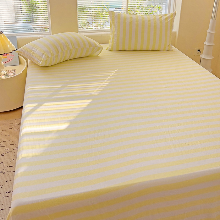 91家纺网 家纺一手货源 找家纺 爱彼家纺 2026春夏新款中条床单水洗棉亲肤柔软床单三件套-条纹系列一 鹅黄中条