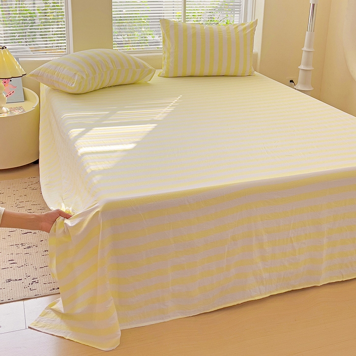 91家纺网 家纺一手货源 找家纺 爱彼家纺 2026春夏新款中条床单水洗棉亲肤柔软床单三件套-条纹系列一 鹅黄中条