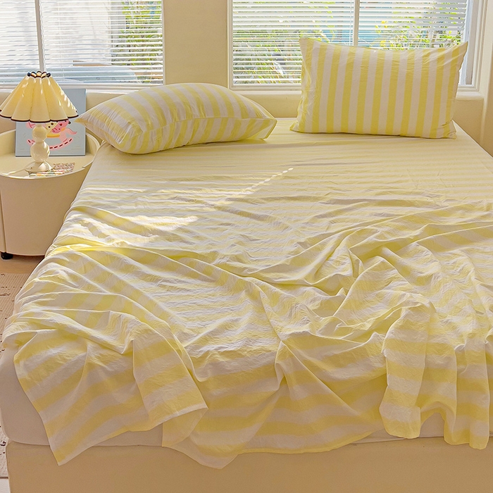 91家纺网 家纺一手货源 找家纺 爱彼家纺 2026春夏新款中条床单水洗棉亲肤柔软床单三件套-条纹系列一 鹅黄中条