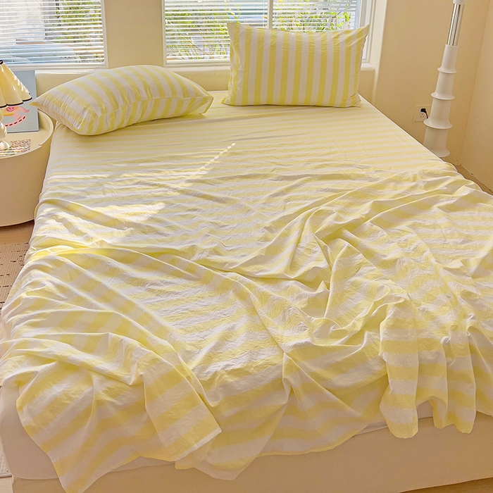 91家纺网 家纺一手货源 找家纺 爱彼家纺 2026春夏新款中条床单水洗棉亲肤柔软床单三件套-条纹系列一 鹅黄中条