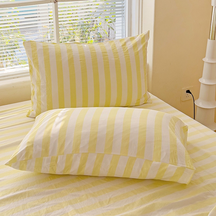 91家纺网 家纺一手货源 找家纺 爱彼家纺 2026春夏新款中条床单水洗棉亲肤柔软床单三件套-条纹系列一 鹅黄中条