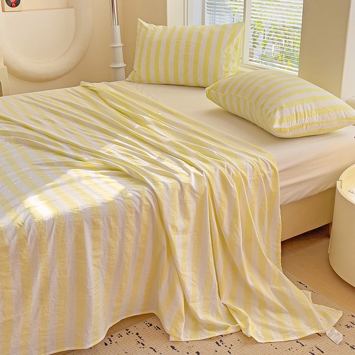 91家纺网 家纺一手货源 找家纺 爱彼家纺 2026春夏新款中条床单水洗棉亲肤柔软床单三件套-条纹系列一 鹅黄中条