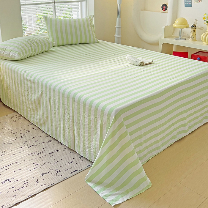 91家纺网 家纺一手货源 找家纺 爱彼家纺 2026春夏新款中条床单水洗棉亲肤柔软床单三件套-条纹系列一 果绿中条