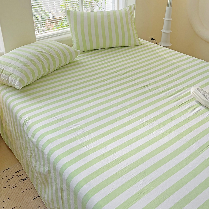 91家纺网 家纺一手货源 找家纺 爱彼家纺 2026春夏新款中条床单水洗棉亲肤柔软床单三件套-条纹系列一 果绿中条