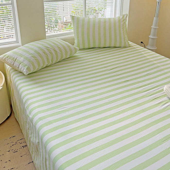 91家纺网 家纺一手货源 找家纺 爱彼家纺 2026春夏新款中条床单水洗棉亲肤柔软床单三件套-条纹系列一 果绿中条