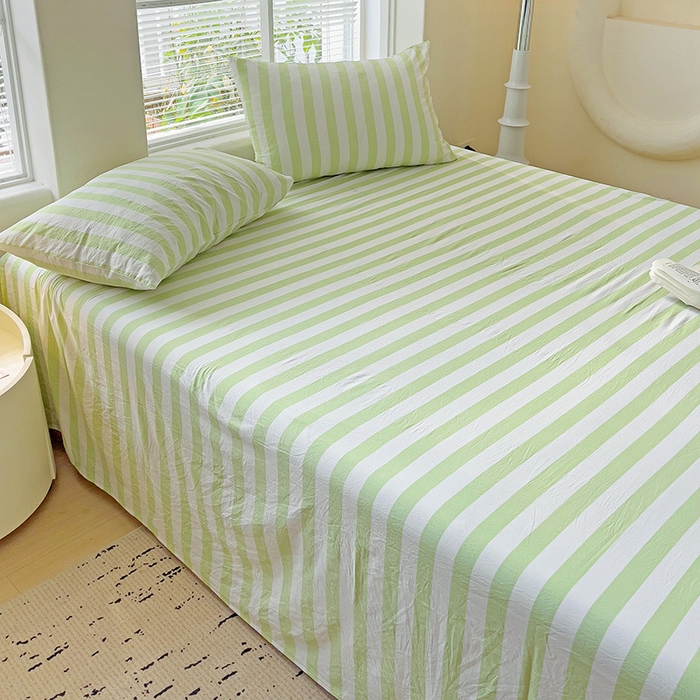 91家纺网 家纺一手货源 找家纺 爱彼家纺 2026春夏新款中条床单水洗棉亲肤柔软床单三件套-条纹系列一 果绿中条