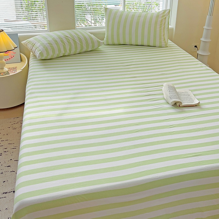 91家纺网 家纺一手货源 找家纺 爱彼家纺 2026春夏新款中条床单水洗棉亲肤柔软床单三件套-条纹系列一 果绿中条