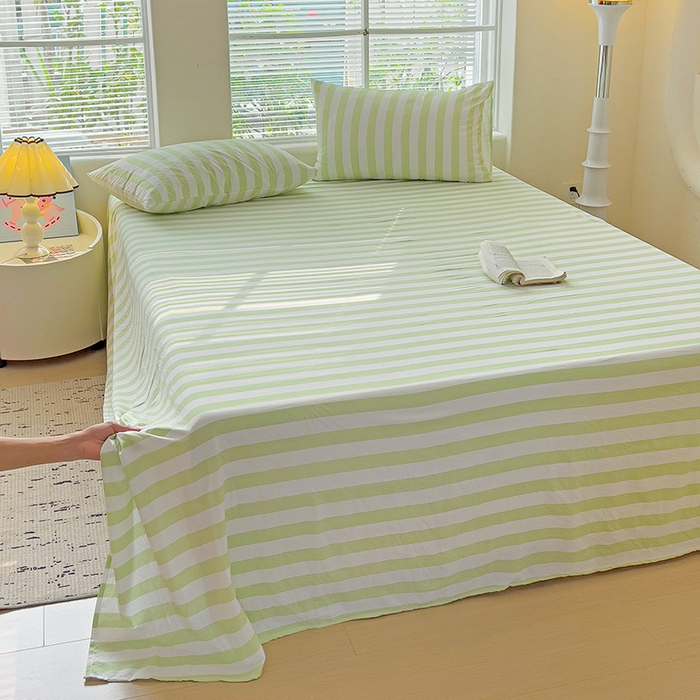 91家纺网 家纺一手货源 找家纺 爱彼家纺 2026春夏新款中条床单水洗棉亲肤柔软床单三件套-条纹系列一 果绿中条