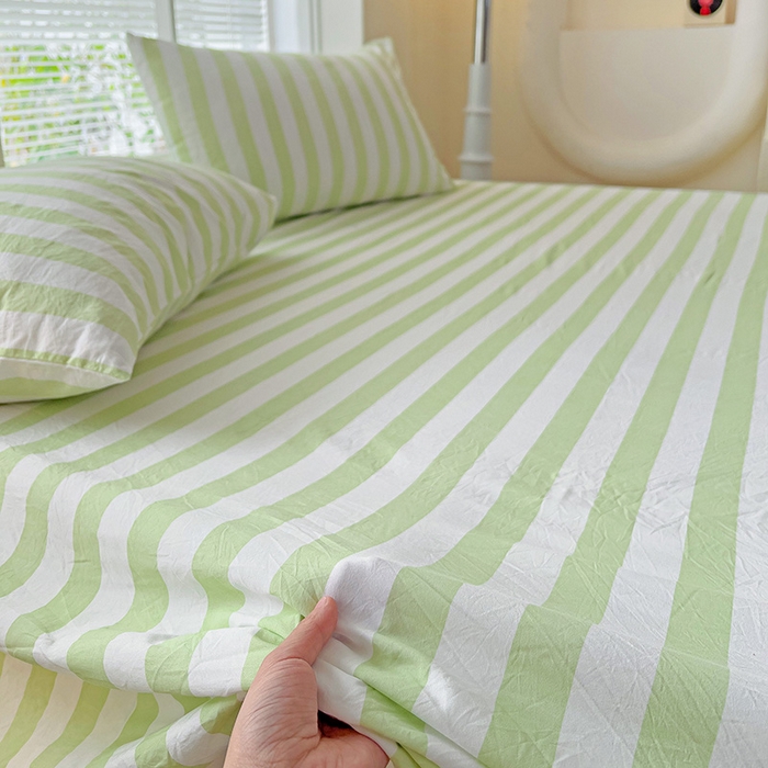 91家纺网 家纺一手货源 找家纺 爱彼家纺 2026春夏新款中条床单水洗棉亲肤柔软床单三件套-条纹系列一 果绿中条